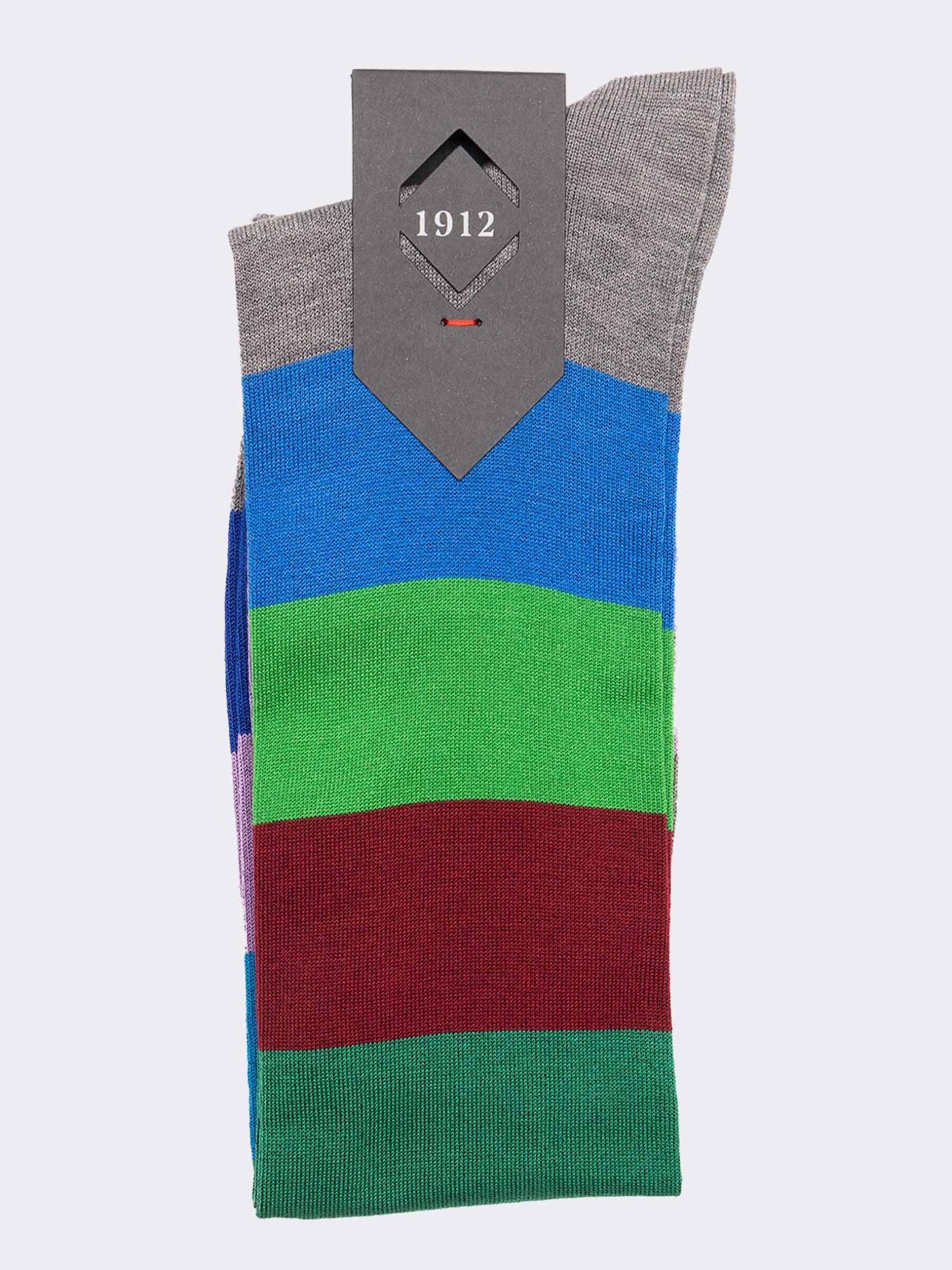Multicoloured band patterned men's knee-high socks in fresh Cotton - Made in Italy