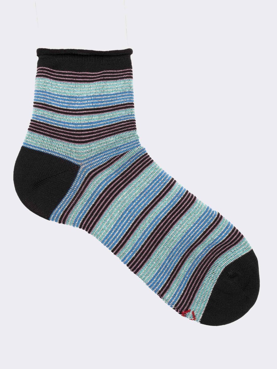Multicoloured milleraies patterned ladies' calf socks in fresh cotton - Made in Italy