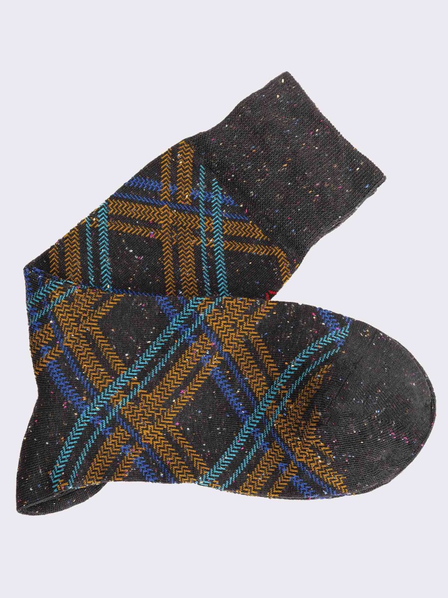 Men's calf socks checked on melange in warm cotton