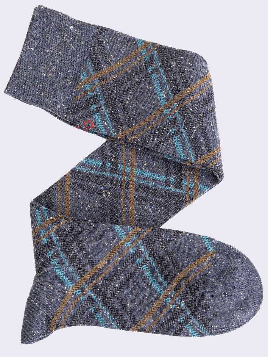 Men's long socks checked on melange in warm cotton