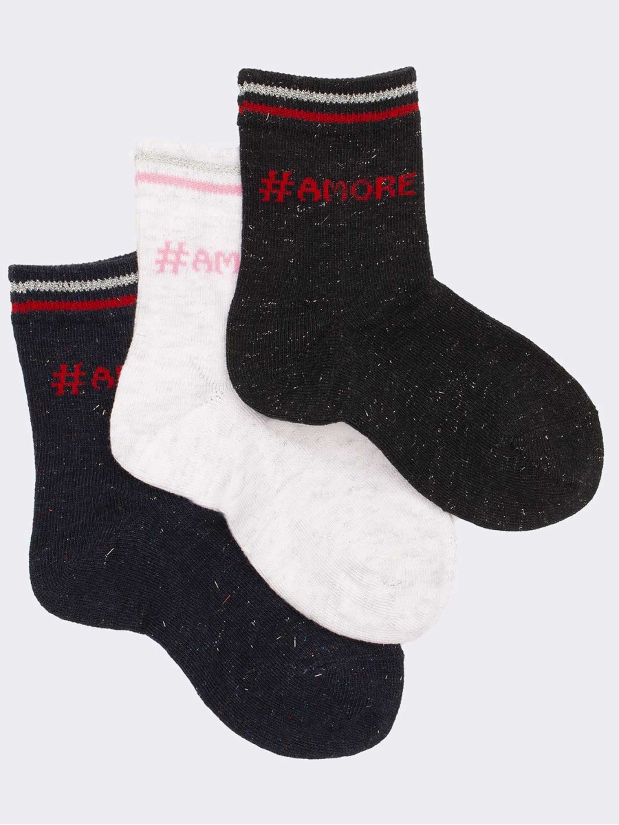 Trio of short love patterned socks in warm cotton