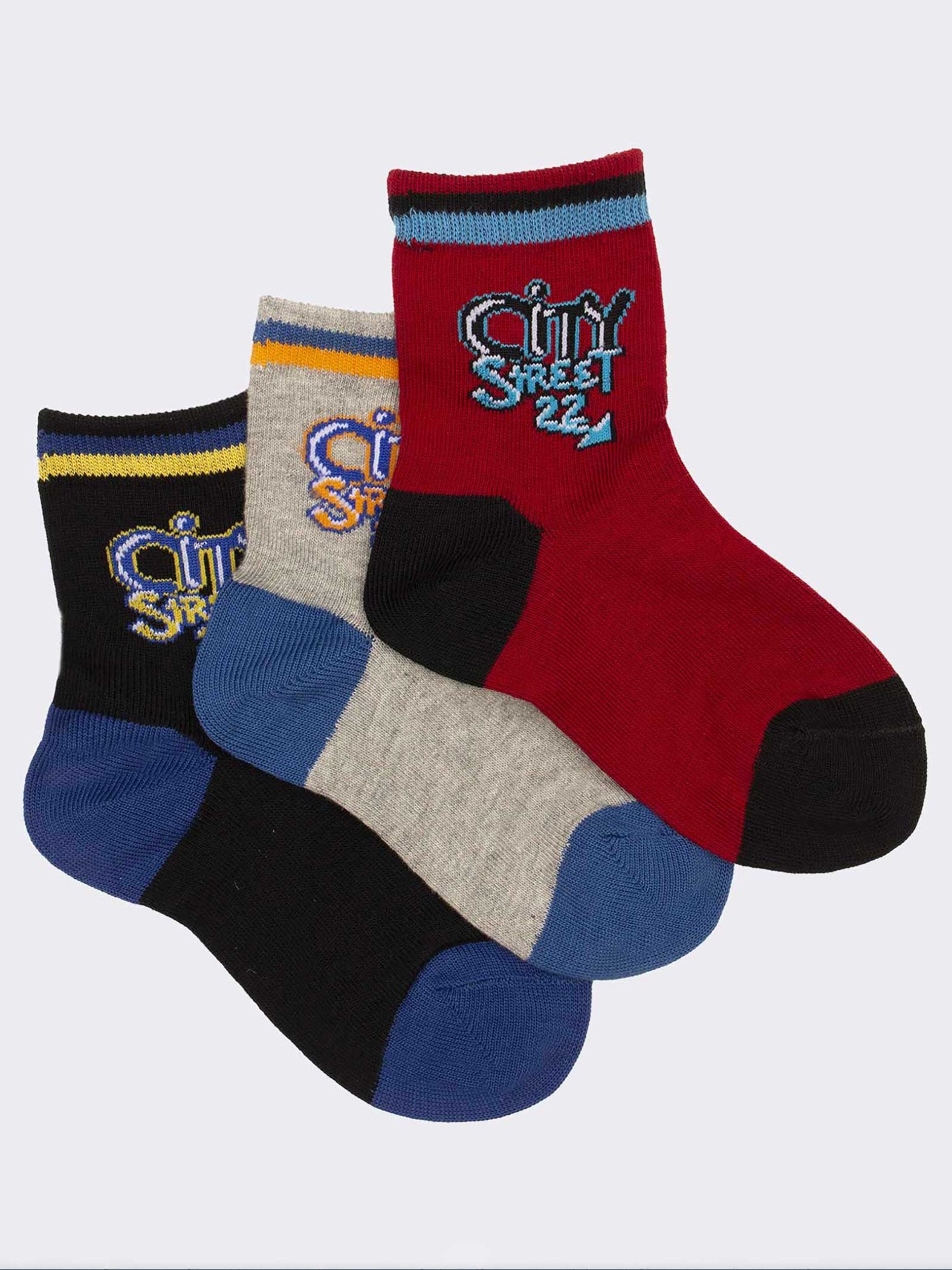 Trio of City street patterned children's calf socks in warm cotton