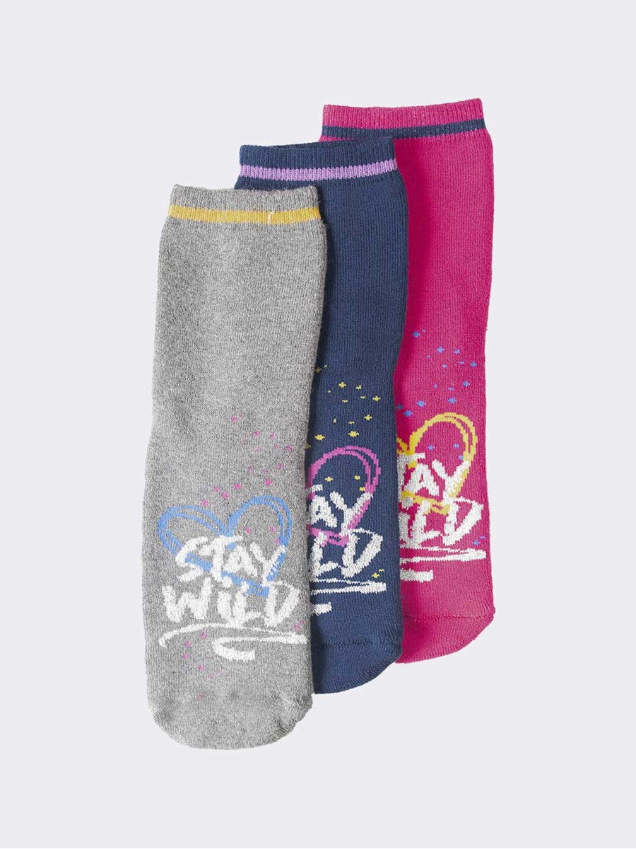 Girl's non-slip calf socks 3 pairs - wild pattern in warm cotton