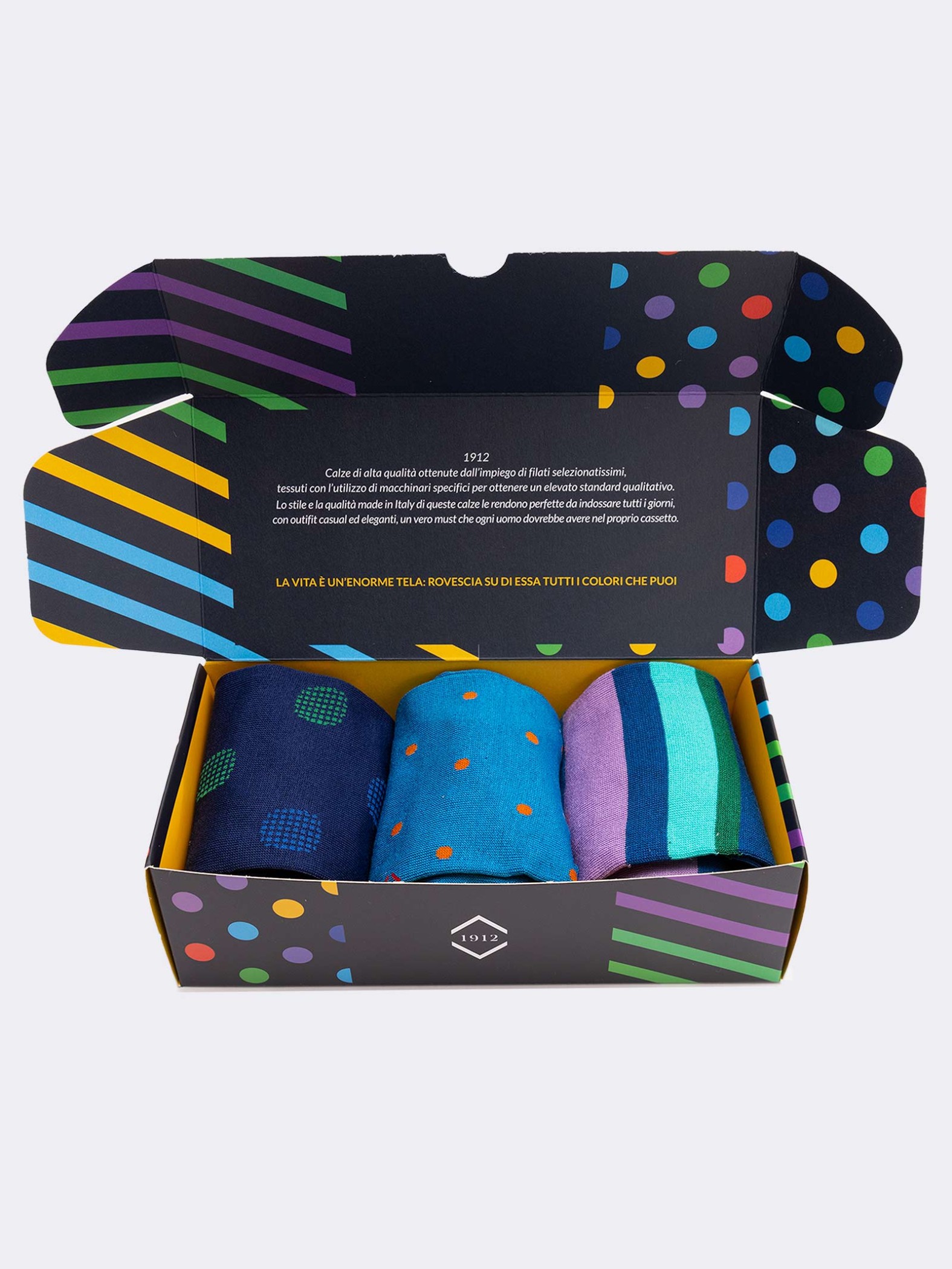 Gift Box 3 Pairs Mixed Patterned Socks Fresh Cotton Man - Gift Idea Made in Italy