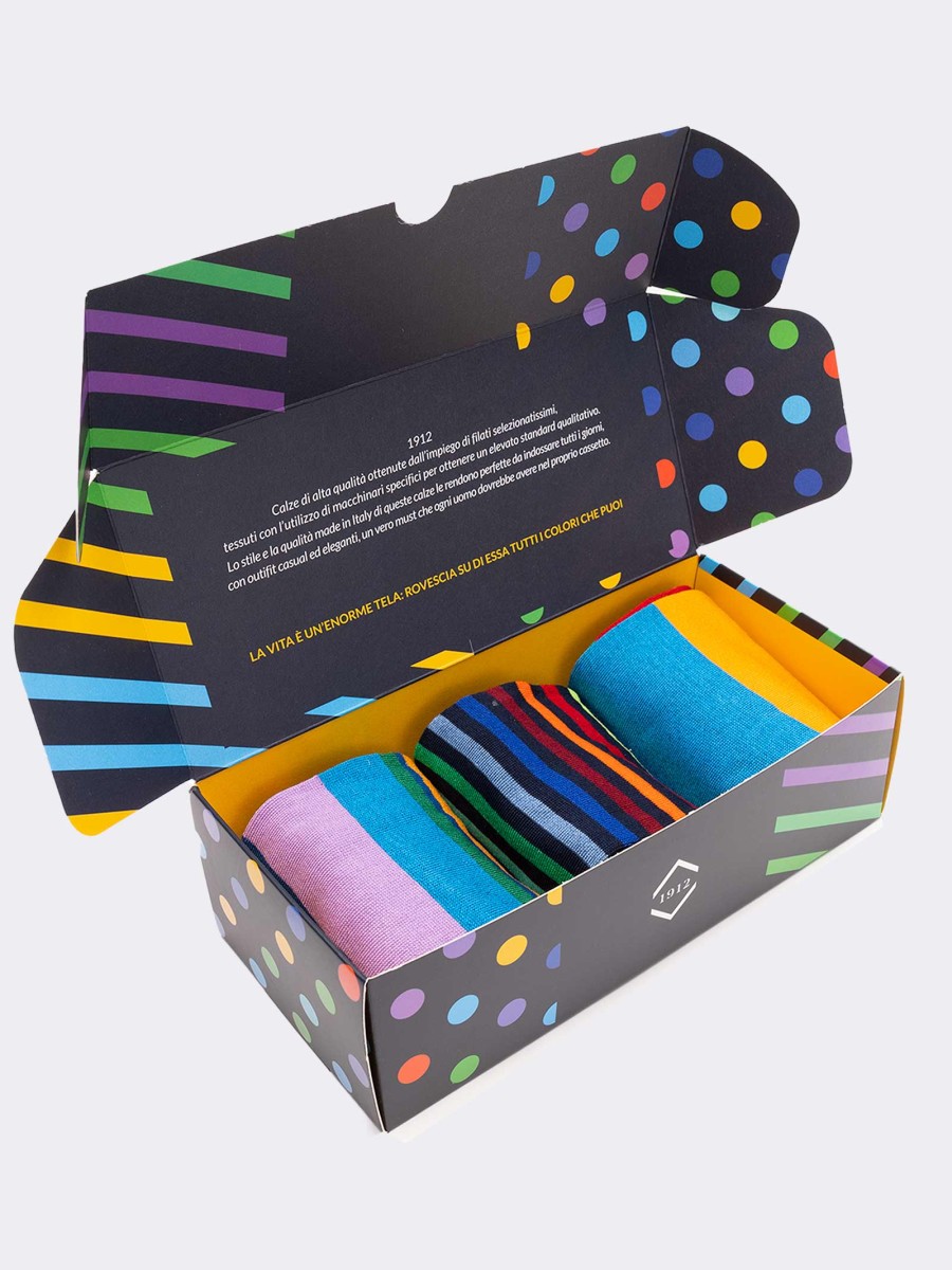 Gift Box 3 Pairs Men's Striped Patterned Socks Fresh Cotton - Gift Idea Made in Italy