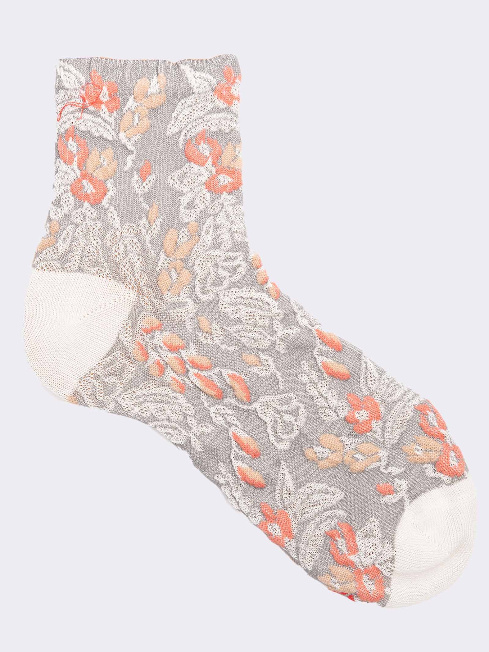 Women's embossed flower patterned cotton calf socks - Made in Italy