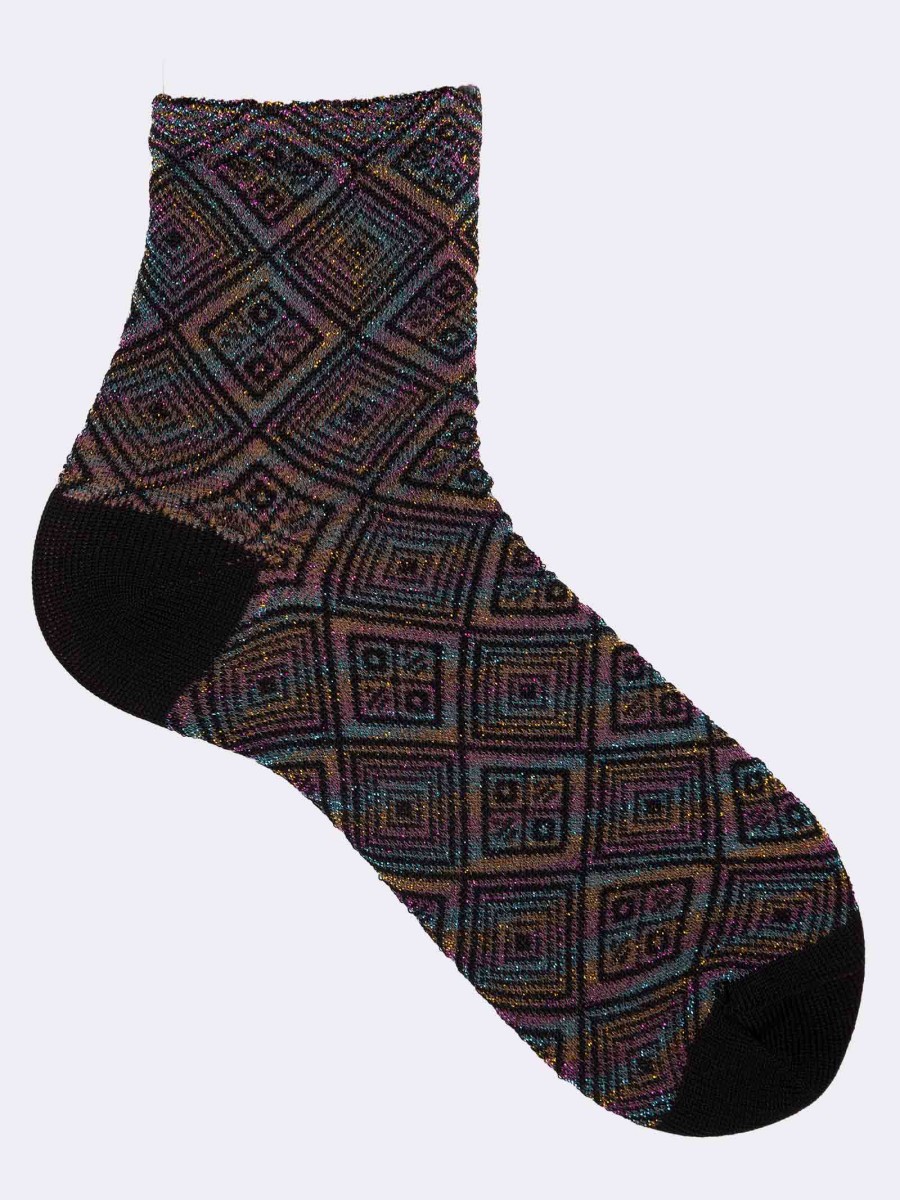 Women's diamond patterned calf socks in lurex - fresh cotton Made in Italy