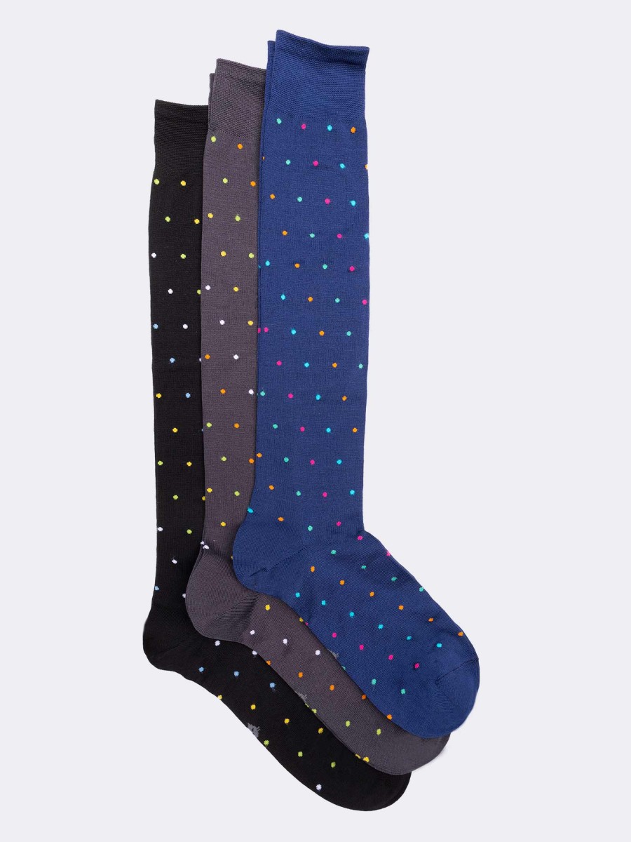 Three men's knee-high socks multicolour polka dot pattern in Cool Cotton