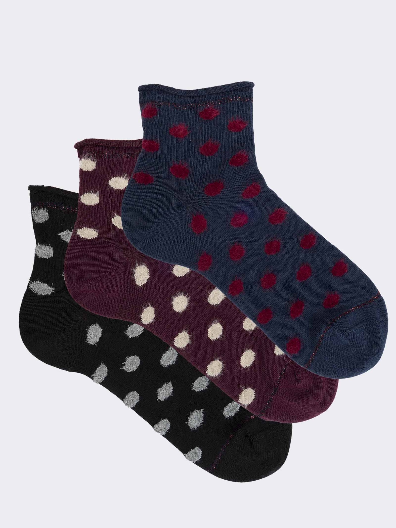 Three polka dot patterned women's socks in warm cotton