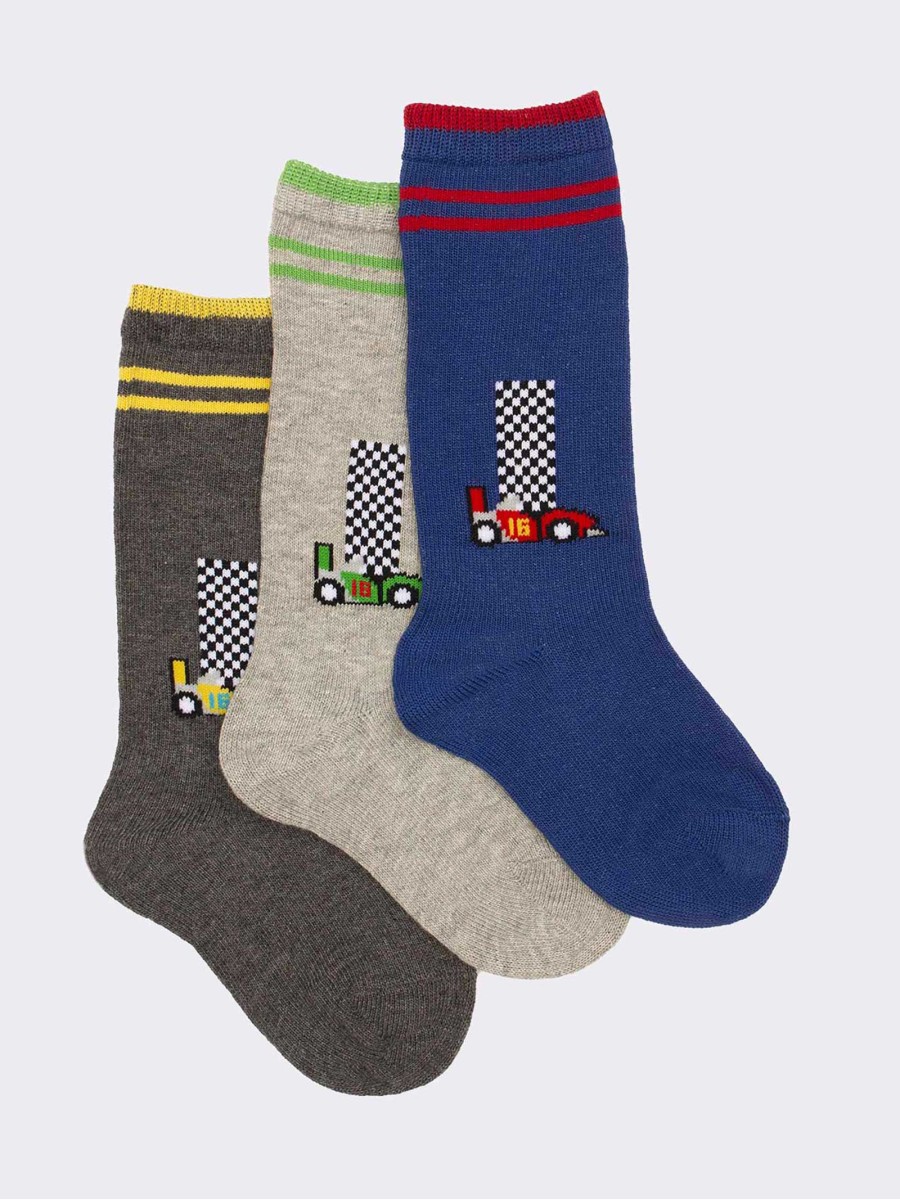 3 pairs Knee high socks in warm cotton racing pattern for children