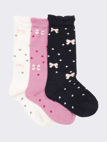 Girl's bow patterned Knee high socks - 3 pairs warm cotton