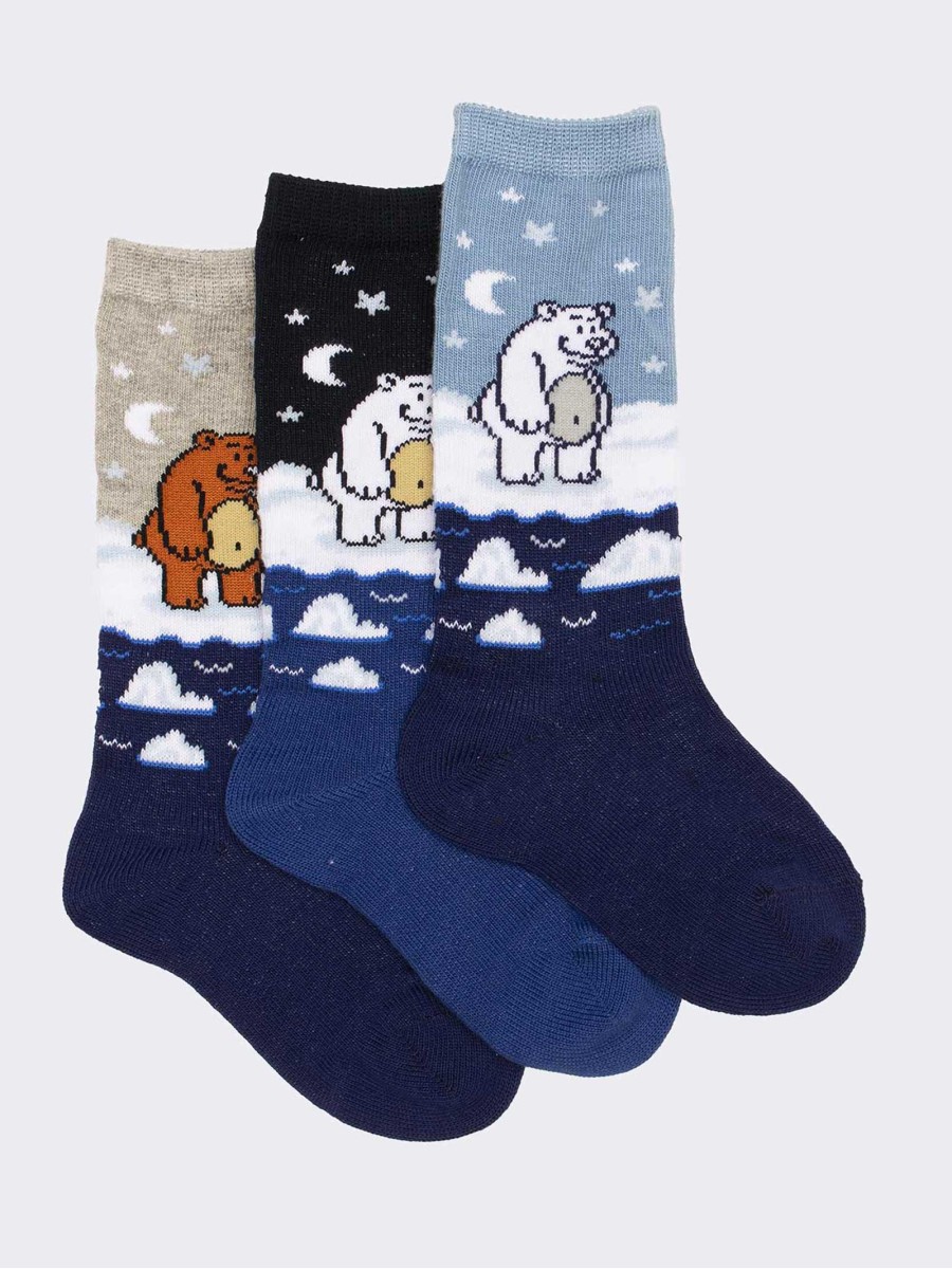 Knee high socks 3 pairs bear patterned child socks in warm cotton
