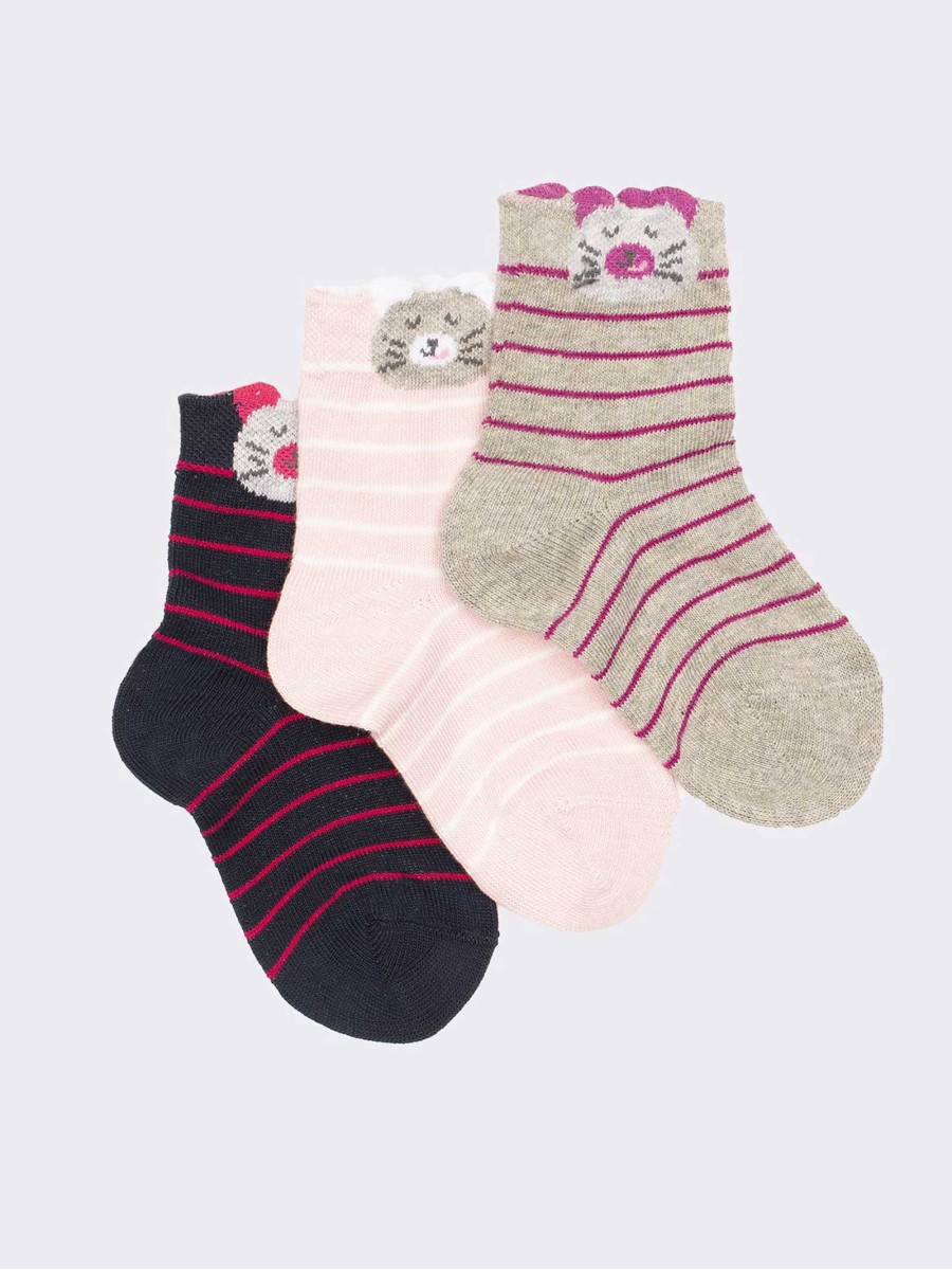 Girls' striped patterned calf socks - 3 pairs warm cotton
