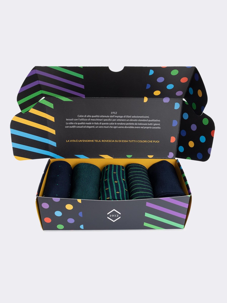Elegant Gift Box of 5 Pairs of Patterned Men's Socks - Fresh Cotton Made in Italy - Perfect Gift Idea