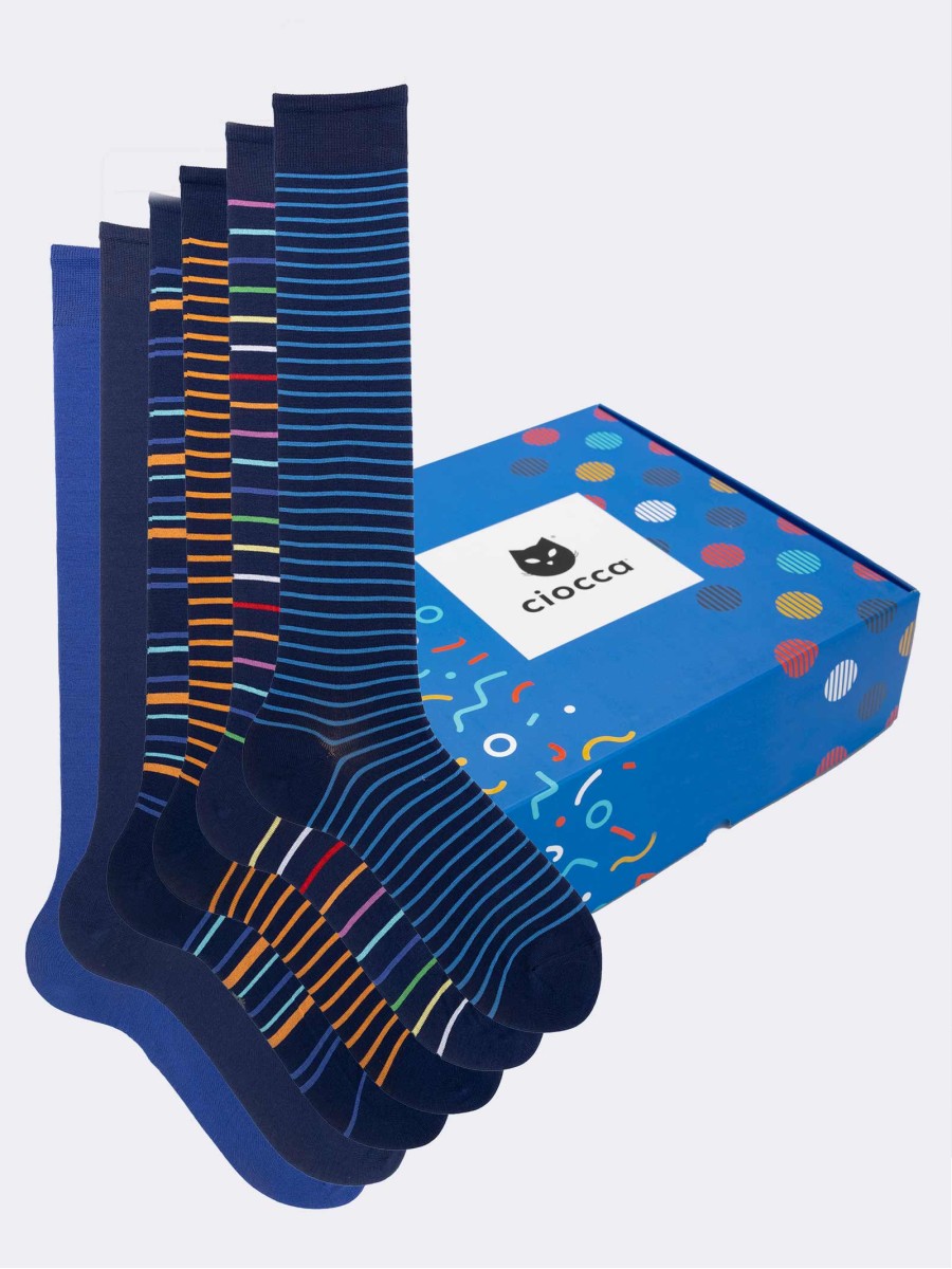 Gift Box with 6 Pairs of Men's Long Striped Pattern Socks in Fresh Cotton