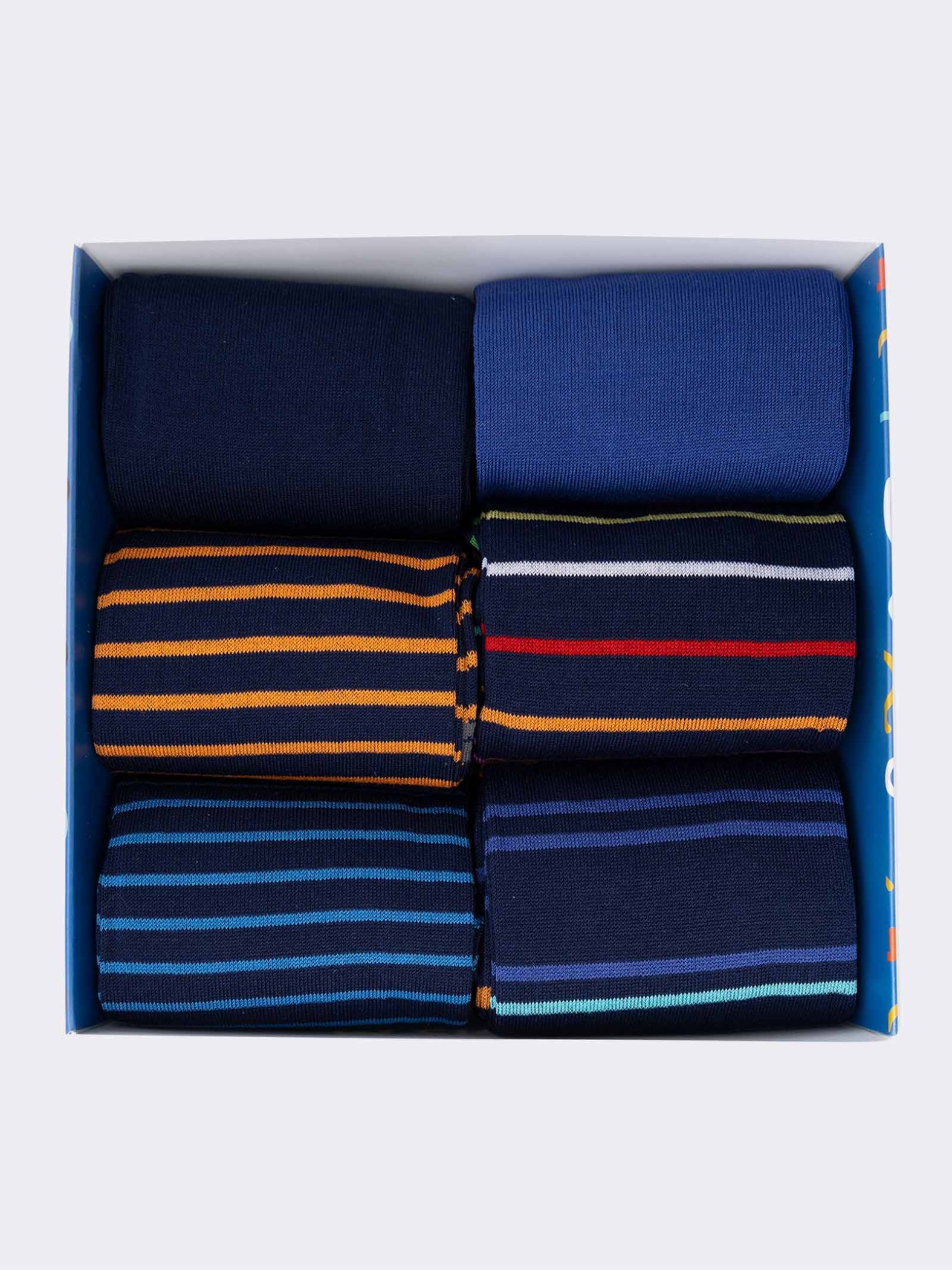 Gift Box with 6 Pairs of Men's Long Striped Pattern Socks in Fresh Cotton