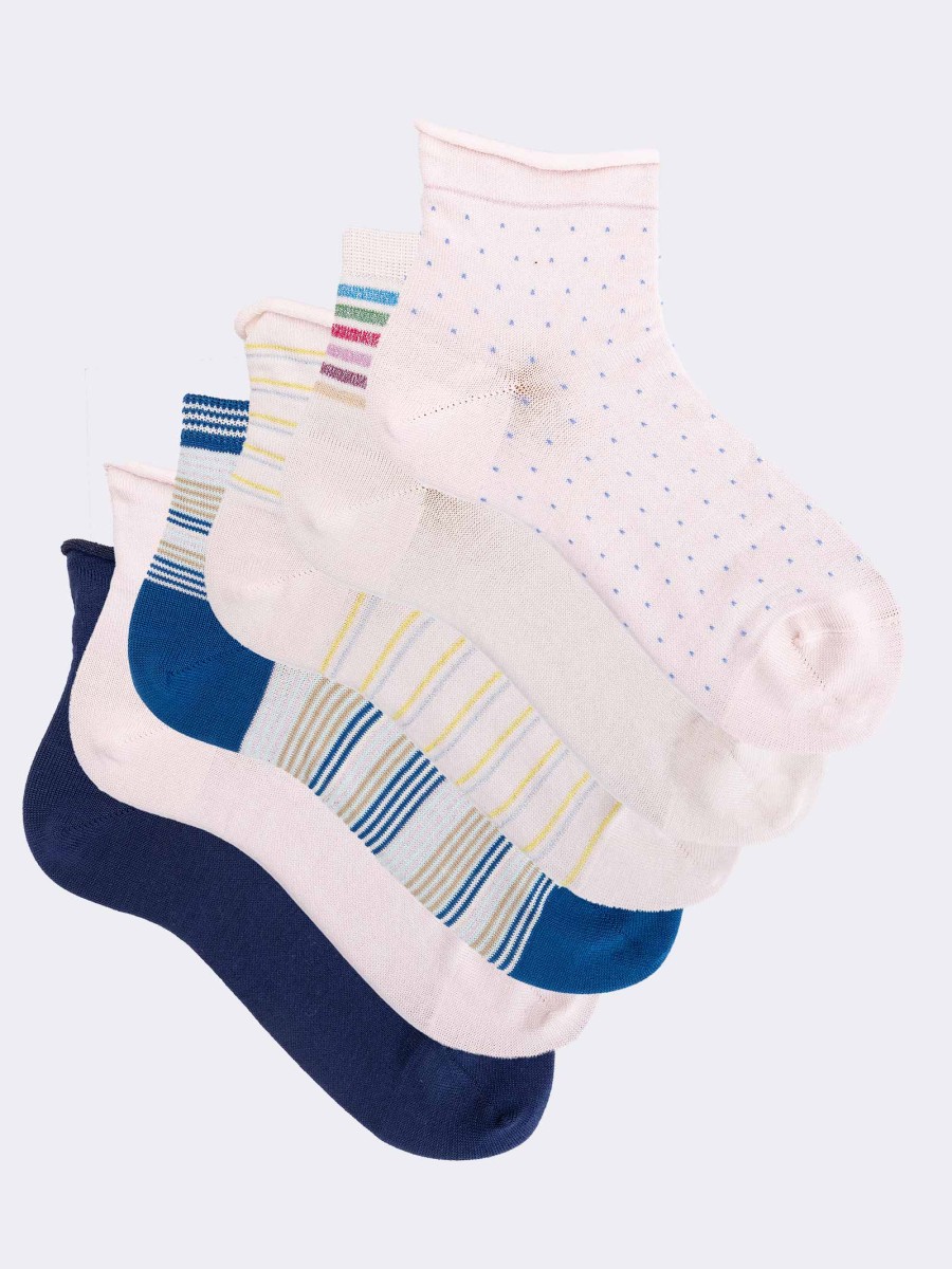 Gift Box with 6 Pairs of Women's Elegant Mix Pattern Socks in Fresh Cotton
