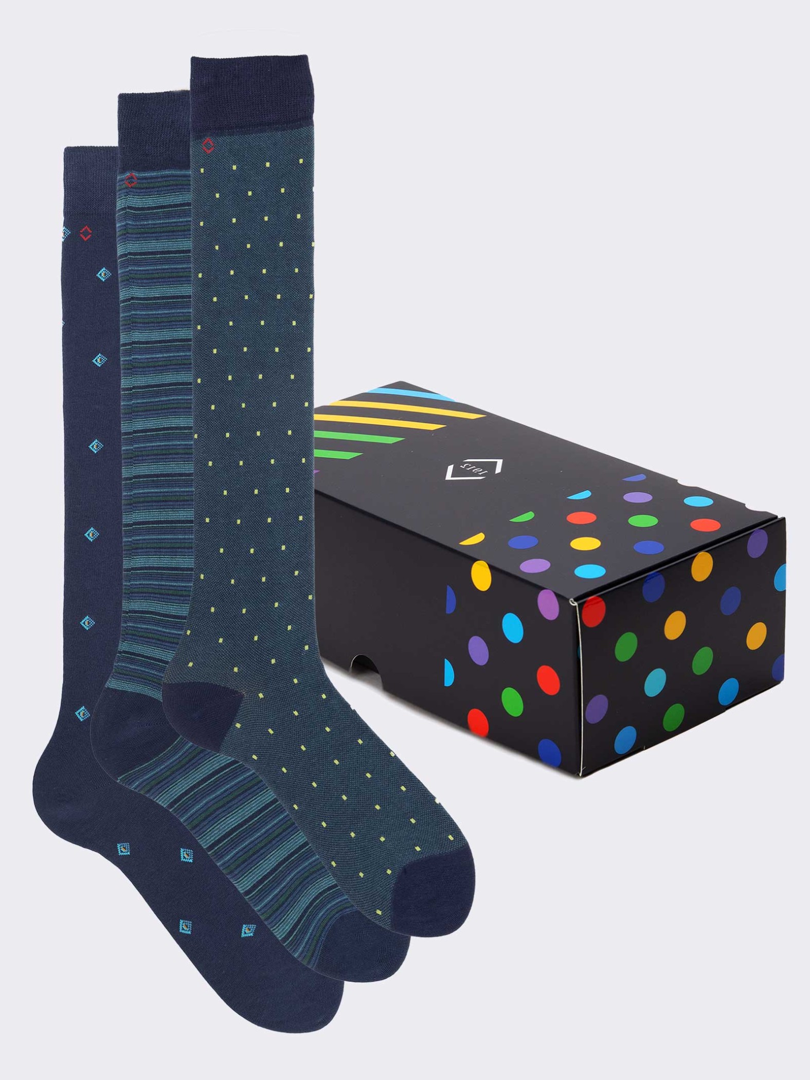 Gift Box 3 Pairs Mixed Patterned Socks Blue - Gift Idea Made in Italy
