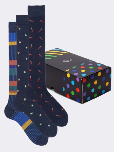 Geschenkpackung 3 Paar gemusterte Socken Blau - Geschenkidee Made in Italy