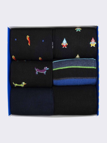 Gift Box Warm Cotton Men's Socks, 6 Pairs Fantasy Mix