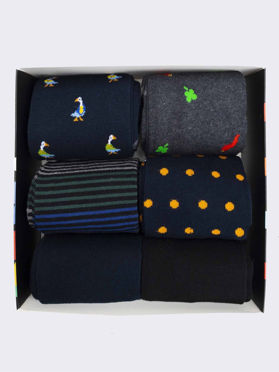 Gift Box Warm Cotton Men's Socks, 6 Pairs Mix Fantasy