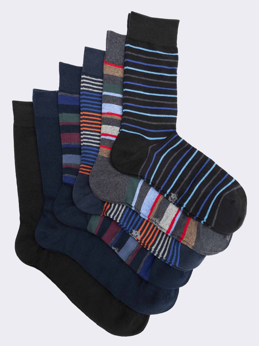 Gift Box Warm Cotton Men's Calf Socks, 6 Pairs Striped Patterned