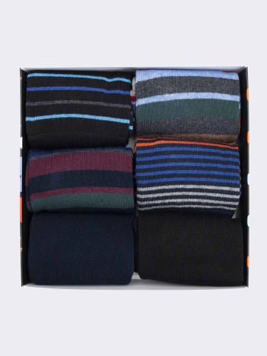 Gift Box Warm Cotton Men's Calf Socks, 6 Pairs Striped Patterned