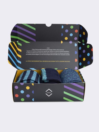 Gift Box 3 Pairs Blue Winter Mix Patterned Socks - Gift Idea Made in Italy