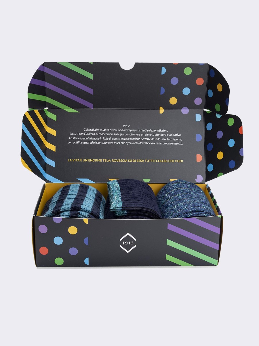 Gift Box 3 Pairs Blue Winter Mix Patterned Socks - Gift Idea Made in Italy