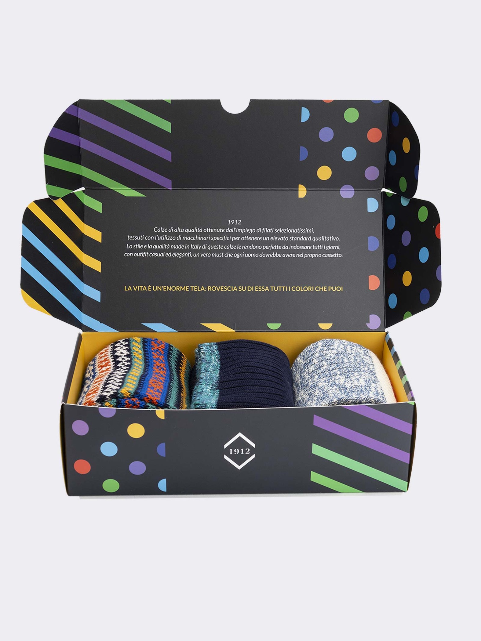Gift Box 3 Pairs Colourful Mix Patterned Socks - Gift Idea Made in Italy