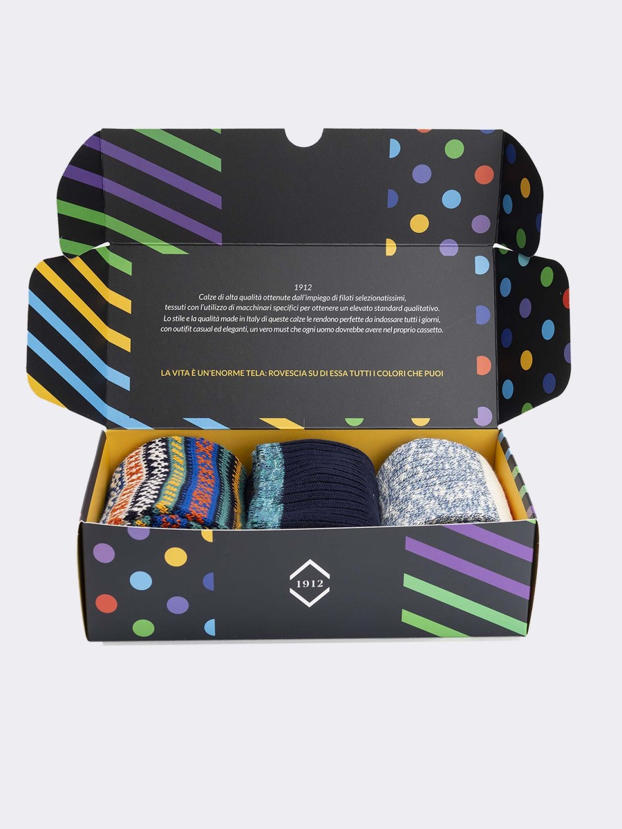 Geschenkpackung 3 Paare bunt gemusterte Socken - Geschenkidee Made in Italy