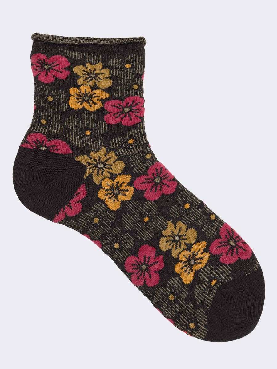 Women's Short Flower Patterned Warm Cotton Socks - Made in Italy
