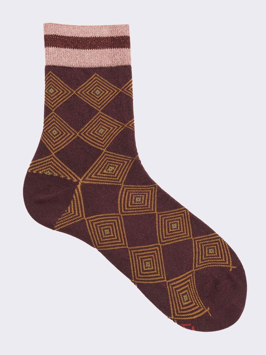 Women's Short Diamond and Dot Patterned Warm Cotton Socks - Made in Italy