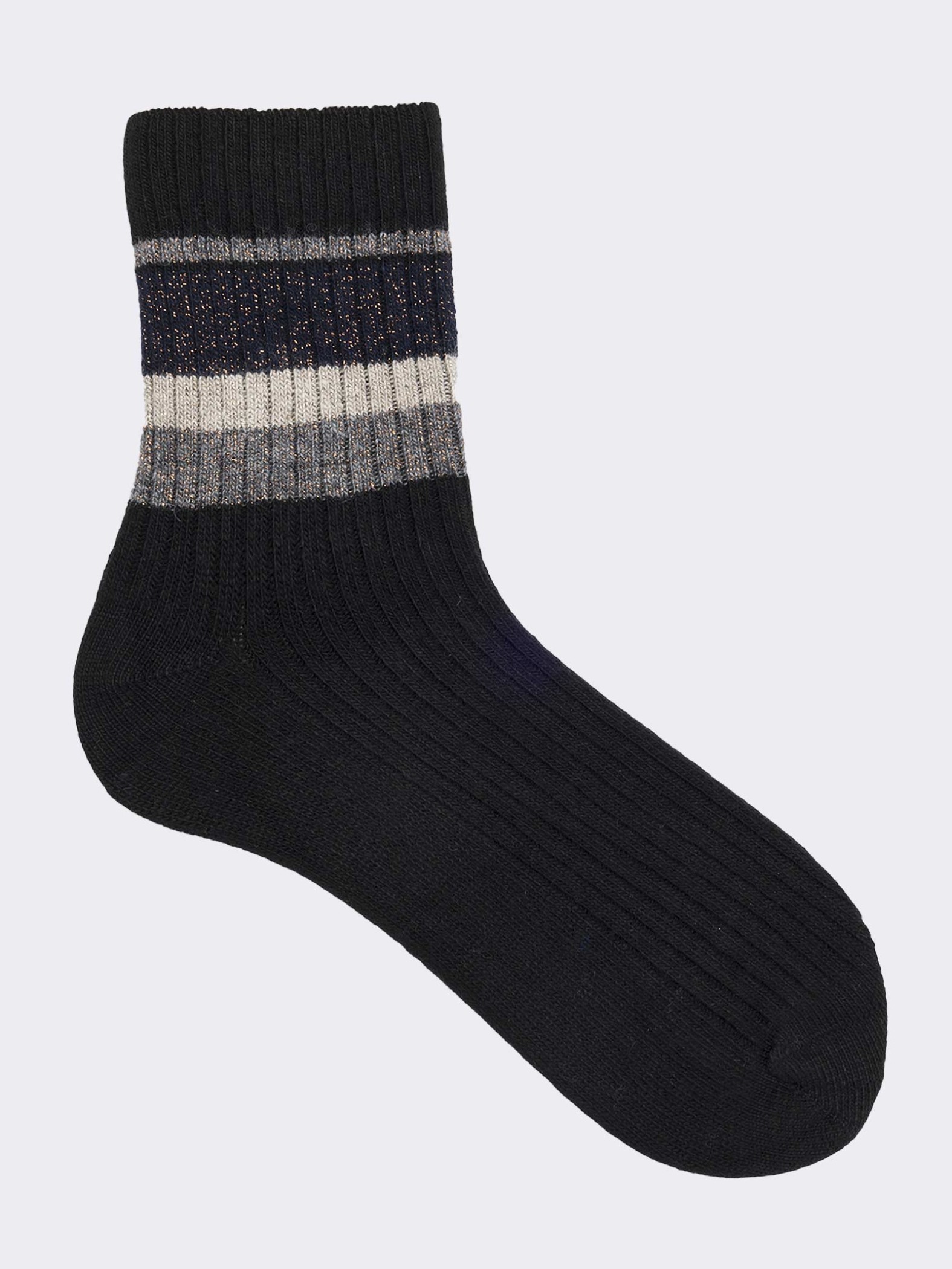 Women's Short Socks with Ribbed Pattern and Stripe in Warm Cotton - Made in Italy