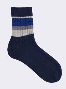 Women's Short Socks with Ribbed Pattern and Stripe in Warm Cotton - Made in Italy