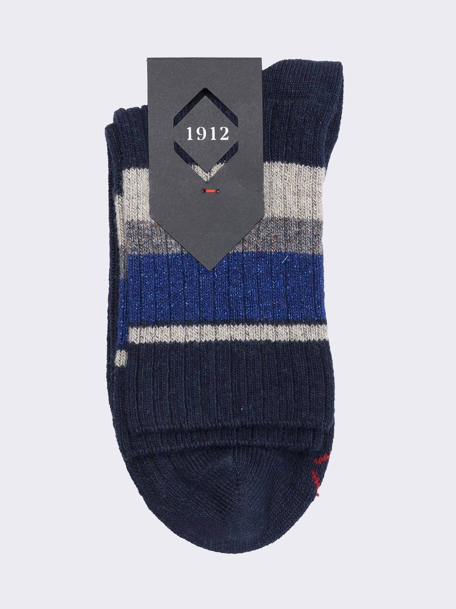 Women's Short Socks with Ribbed Pattern and Stripe in Warm Cotton - Made in Italy