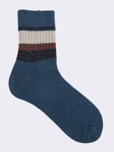 Women's Short Socks with Ribbed Pattern and Stripe in Warm Cotton - Made in Italy