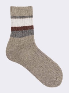 Women's Short Socks with Ribbed Pattern and Stripe in Warm Cotton - Made in Italy