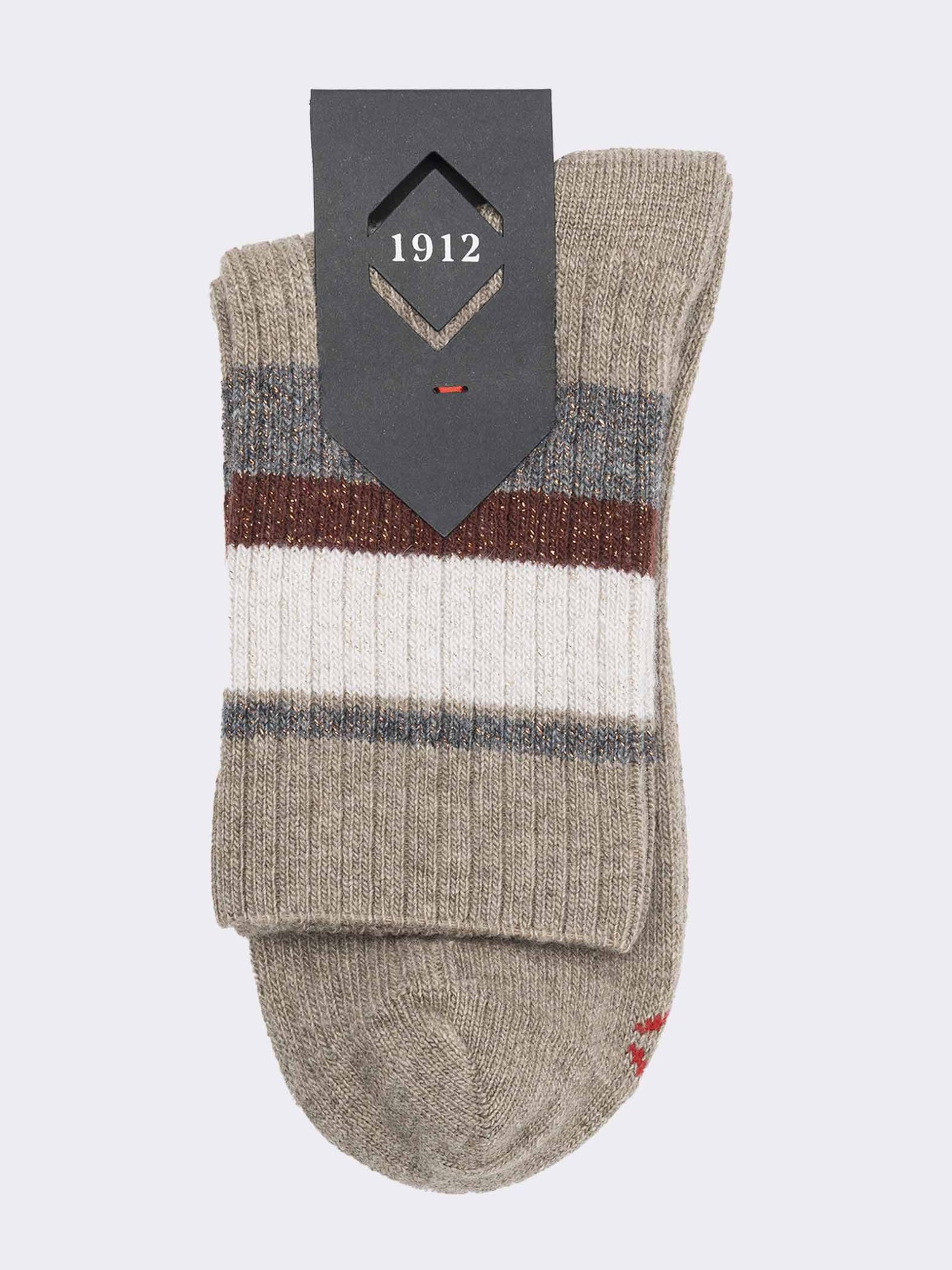 Women's Short Socks with Ribbed Pattern and Stripe in Warm Cotton - Made in Italy