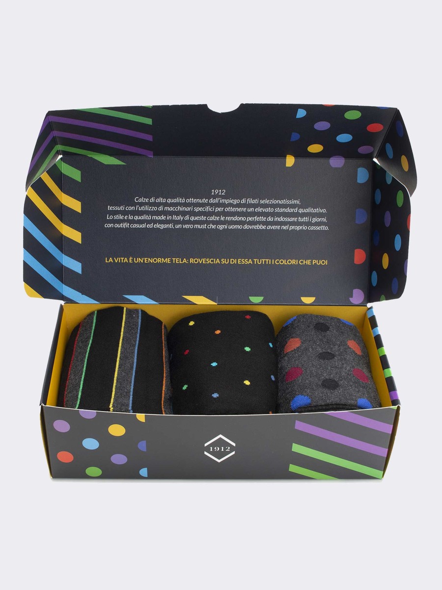 Gift Box 3 Pairs Men's Black Patterned Socks - Gift Idea Made in Italy