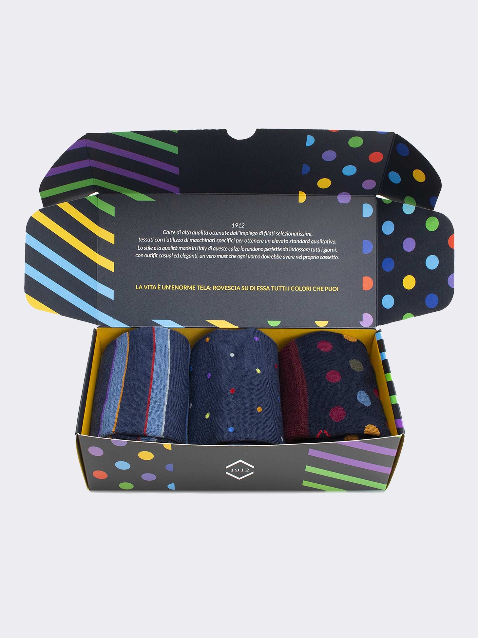 Geschenkpackung 3 Paar gemusterte Socken für Männer Blau - Geschenkidee Made in Italy