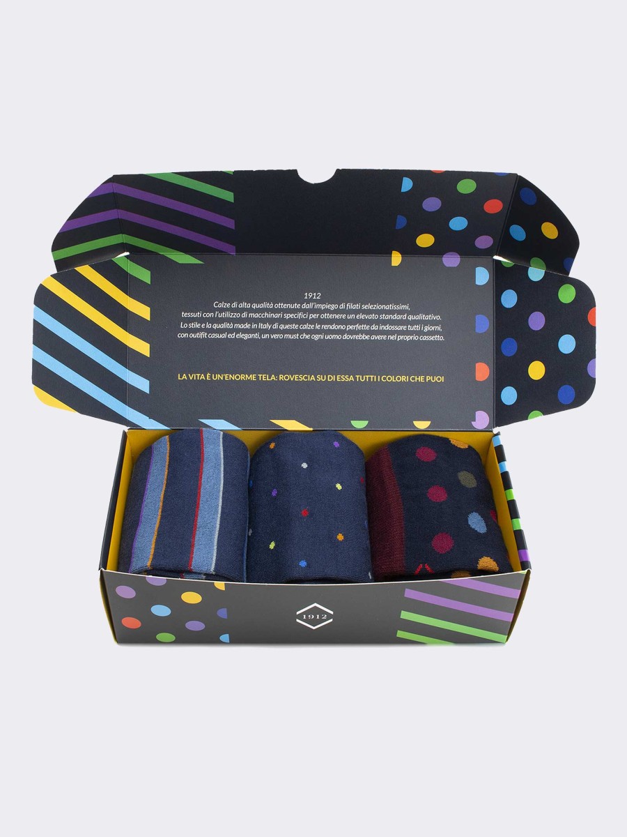 Gift Box 3 Pairs Men's Patterned Socks Blue - Gift Idea Made in Italy