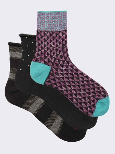 Women's Warm Cotton Socks Gift Box, 3 pairs Elegant Patterns Pink - Made in Italy