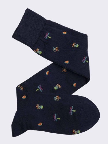 Palm and pineapple patterned men's knee-high socks in cool cotton - Made in Italy