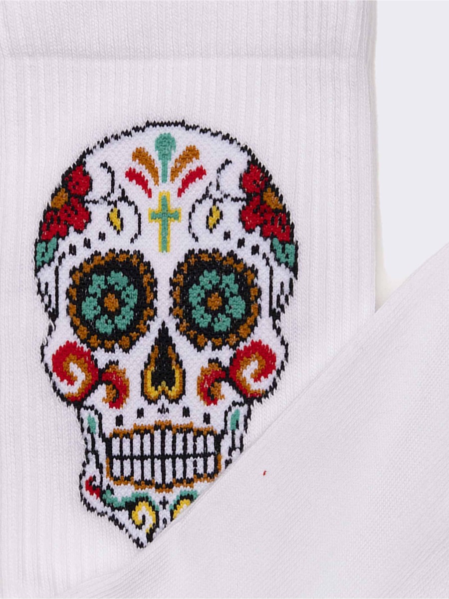 Mexican Skull patterned men's cotton and terry crew socks - Made in Italy