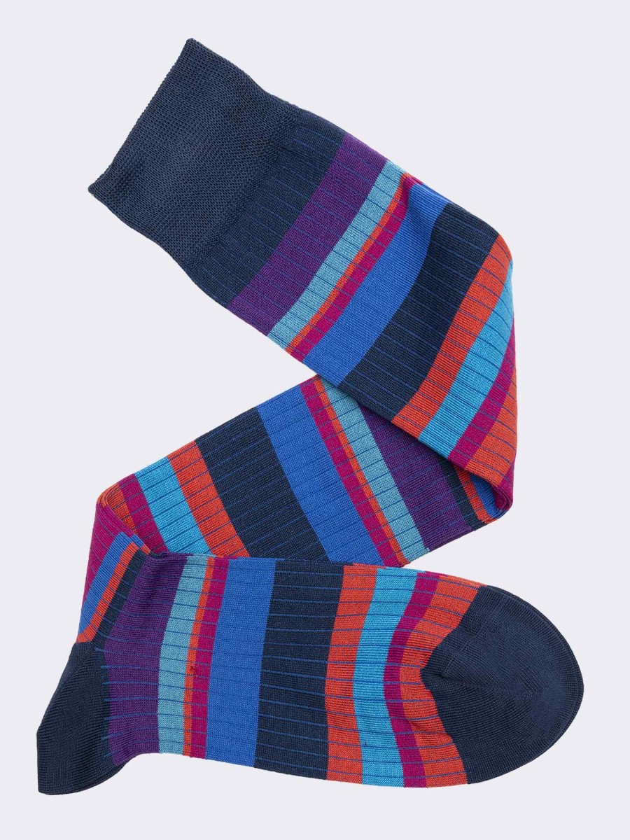 Multicoloured striped men's knee-high socks in cool cotton - Made in Italy