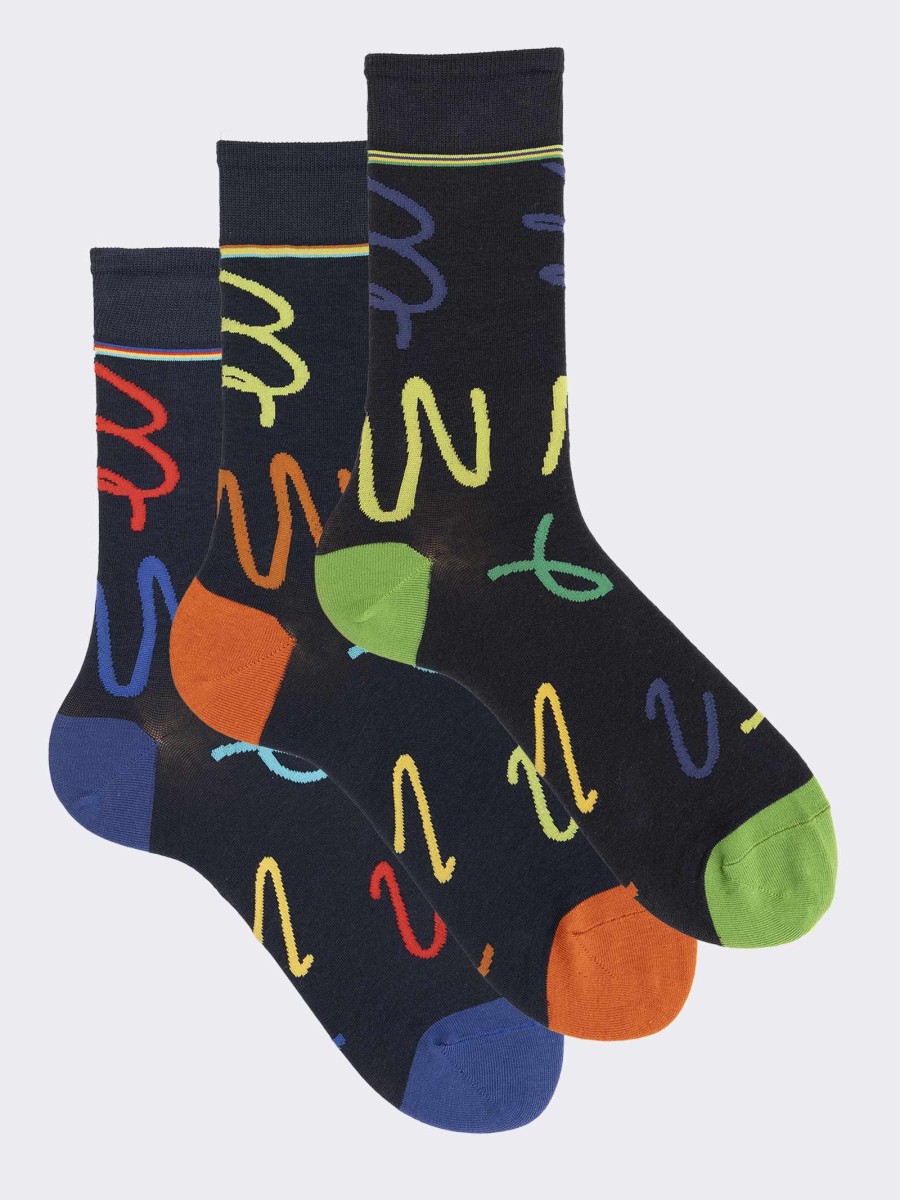 Three patterned men's crew socks in cool cotton