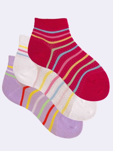 Girls' Striped Ankle Socks 3-Pack in Breathable Cotton
