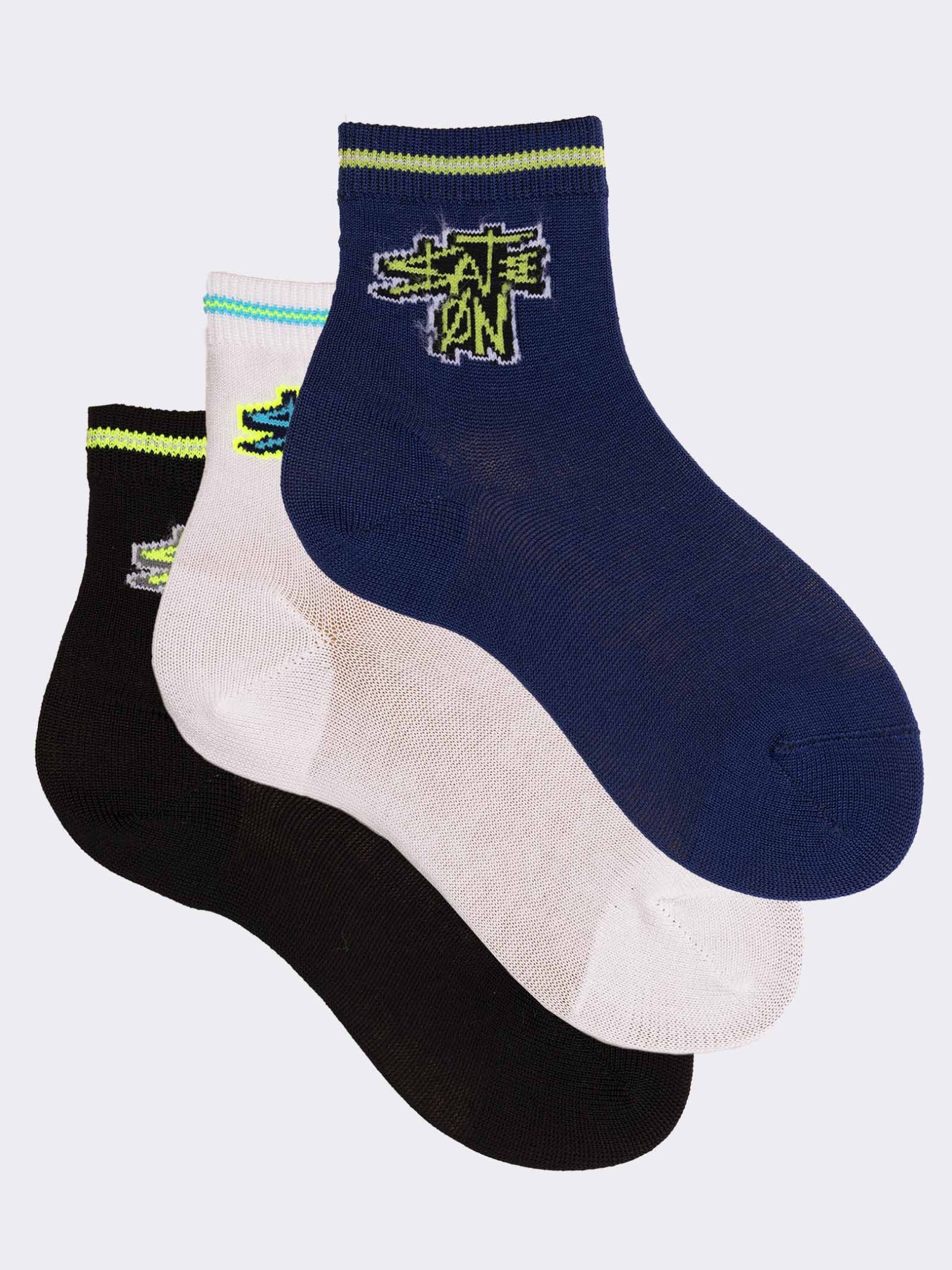 Dreierpack kurze Kinder-Socken mit Skate On-Muster in kühler Baumwolle