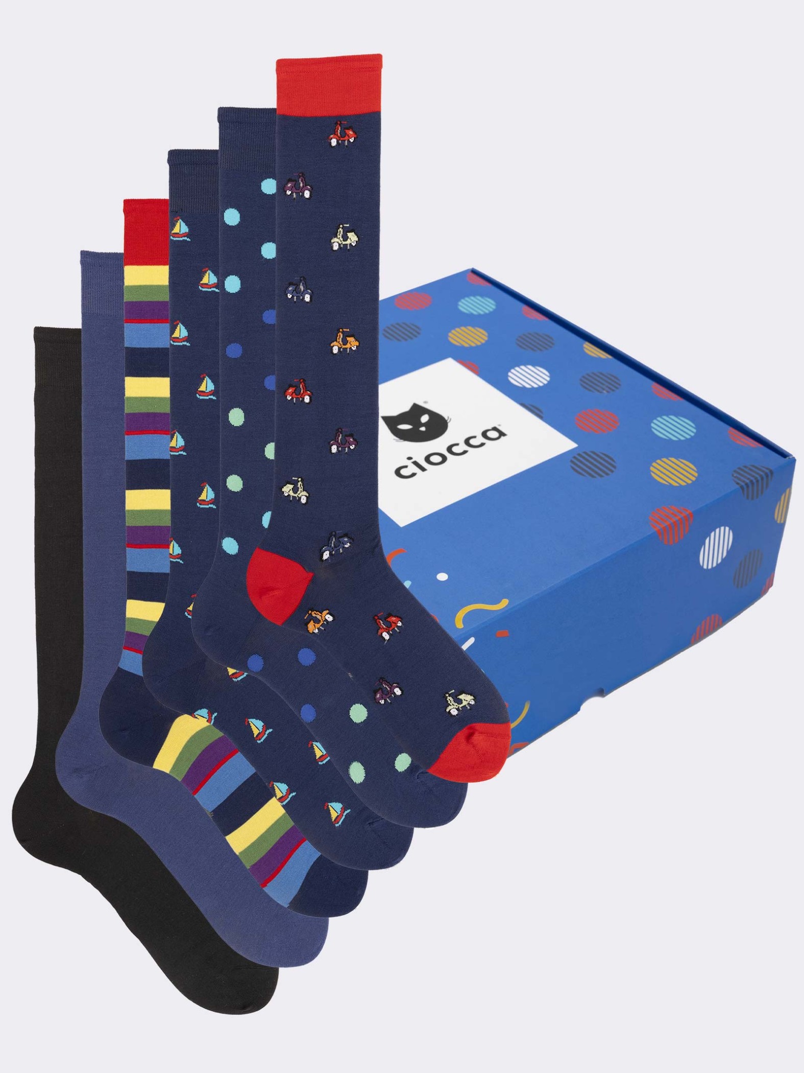 Gift Box with 6 Pairs of Patterned Men's Long Socks in Cool Cotton